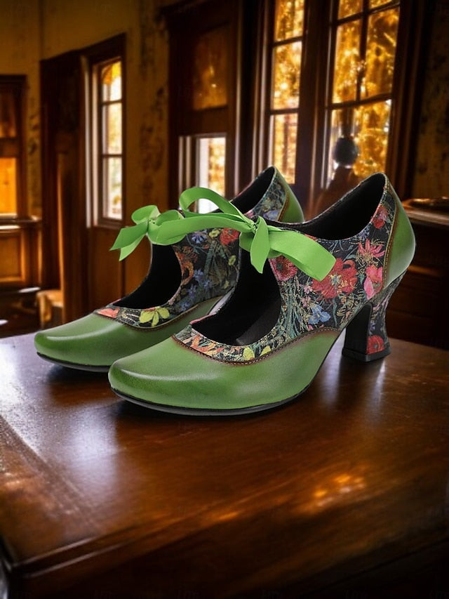 Floral Women's Green Jane Leather with Mary Print Heels