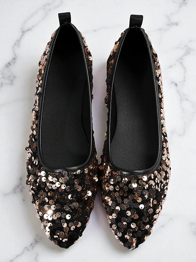 Sparkly Flats Sequin Women's Black Toe Pointed - Ballet