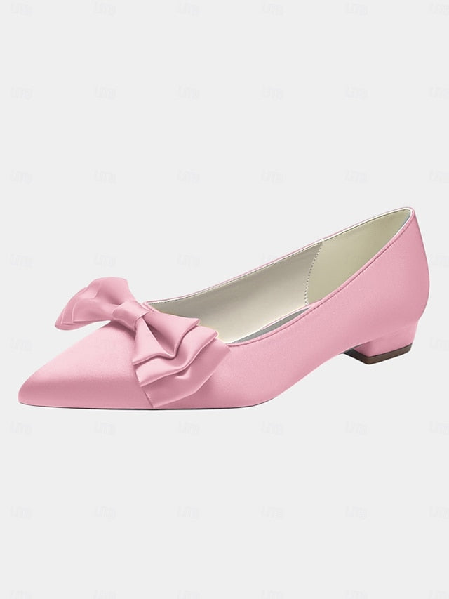 Women's Pointed Satin Bow Green - Flats Toe Elegant