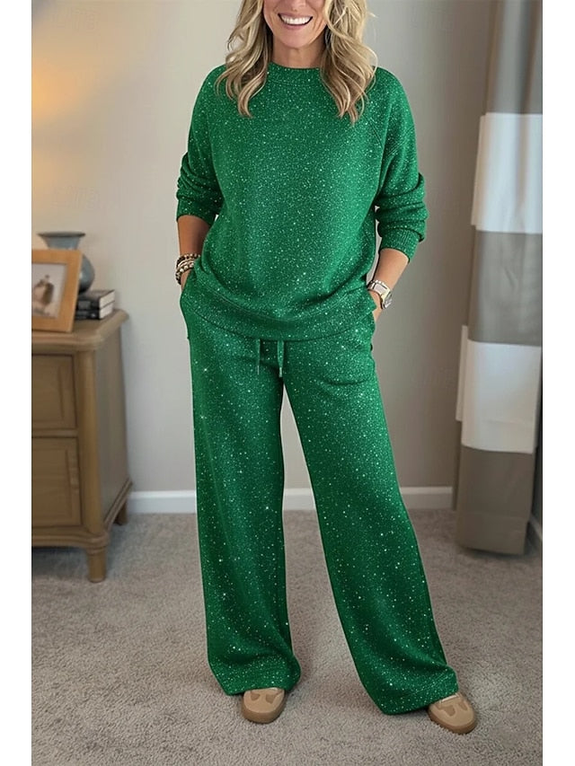 Women's Two Piece Sets Long Sleeve Round Neck Solid Color
