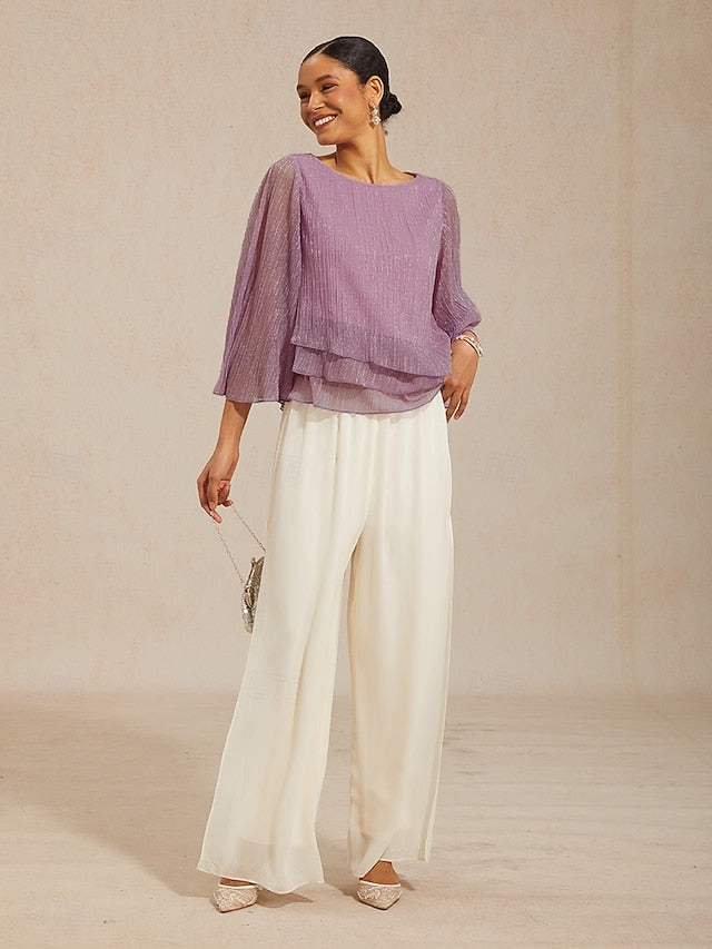 Women's Blouse Chiffon Tops Pleated Layered Metallic