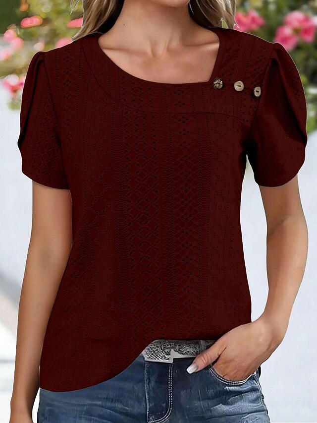 Women's Shirt Pointelle Shirt Eyelet Top Blouse Eyelet