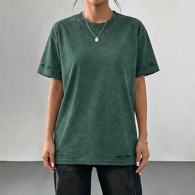 Women's T Shirt 100% Cotton Vintage Washed Tops Cut Out