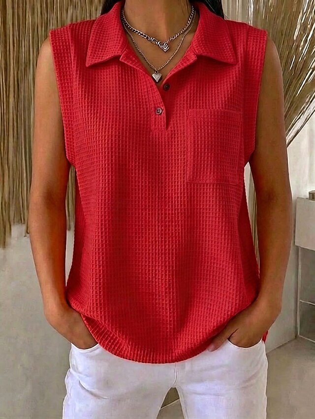 Women's Waffle Tank Top Polo Shirts Tee Pocket Stylish