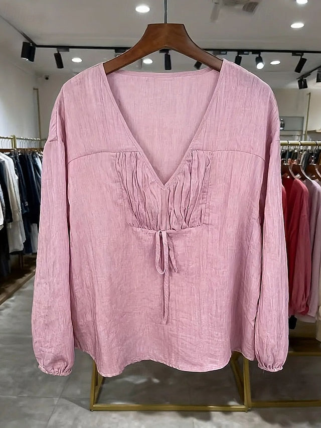 Women's Cotton Linen Shirts Blouse Ruched Plain Elegant