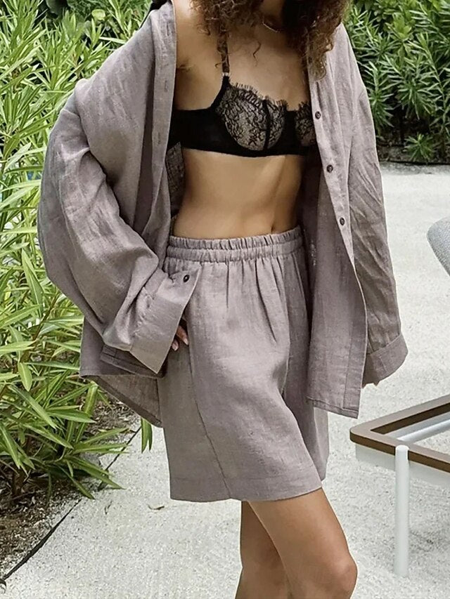 Women's Cotton Linen Sets Shorts Sets Bolero Top Long