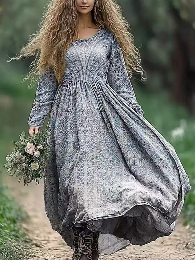 Women's Boho Dress Floral V Neck Maxi Dress Vintage Dress