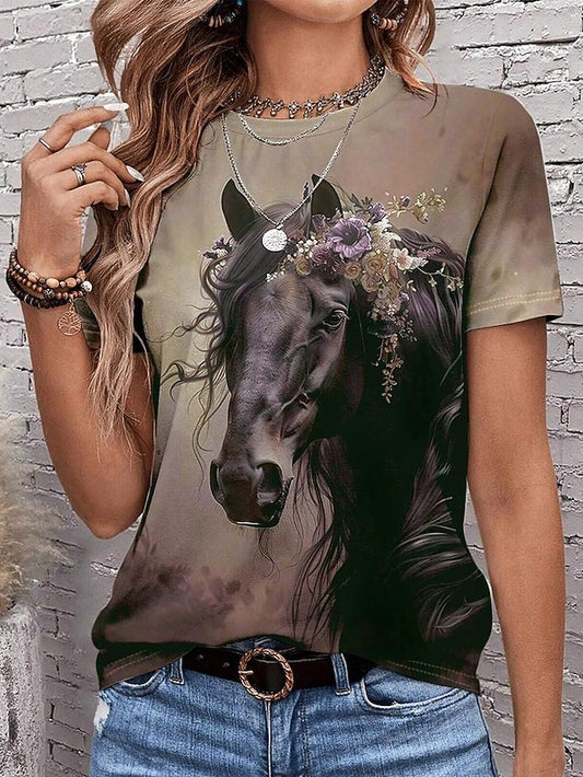 Women's T Shirt Casual Ombre Horse Print Short Sleeve