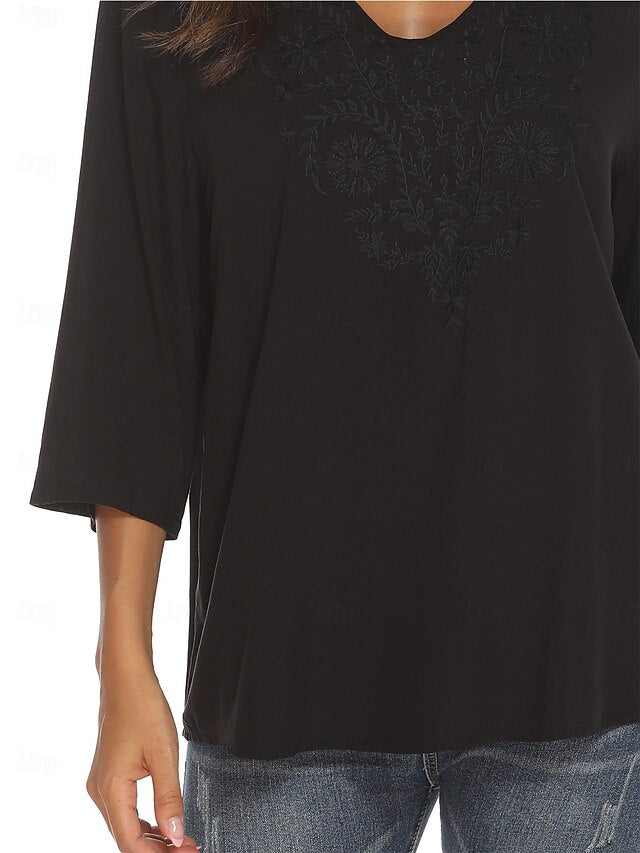 Women's Boho Shirt Embroidered Floral Bohemia Casual 3/4