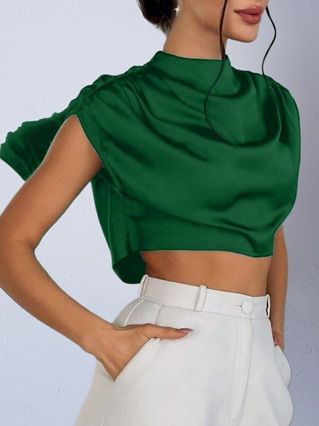 Women's Shirt Satin Shirt Blouse Wrap Crop Top Ruched Plain