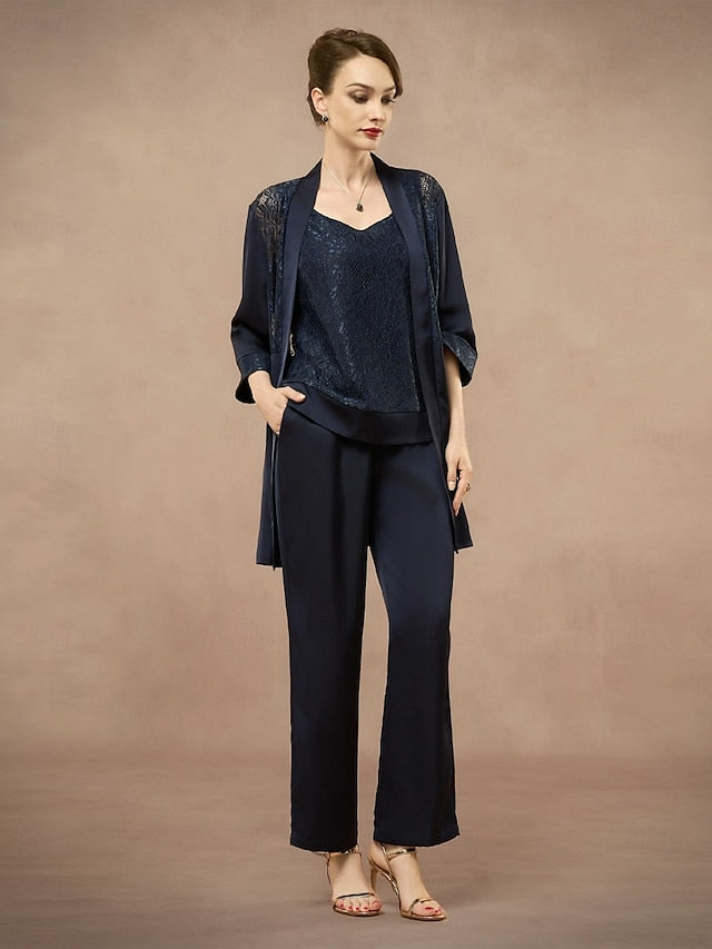 3 Piece Mother of the Bride Pantsuit Metalic Floral Lace