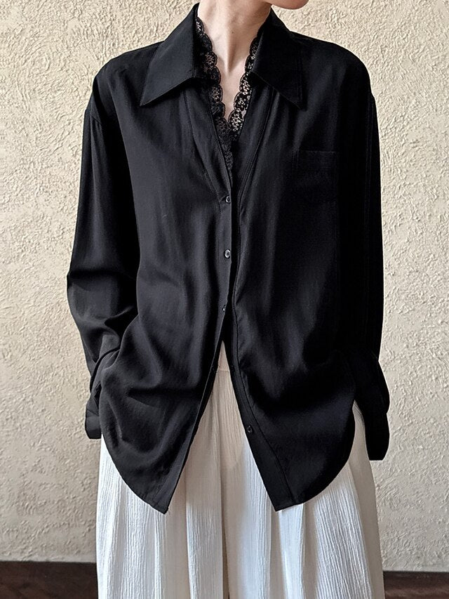 Women's Casual Shirt Button Up Shirt Blouse Lace Patchwork
