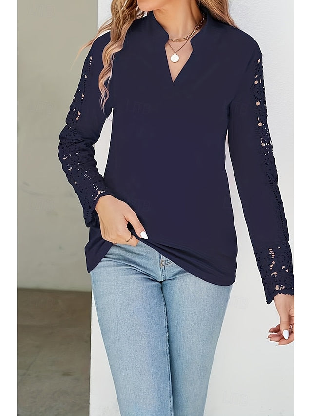 Women's Shirt Lace Plain Daily Stylish Casual Long Sleeve V