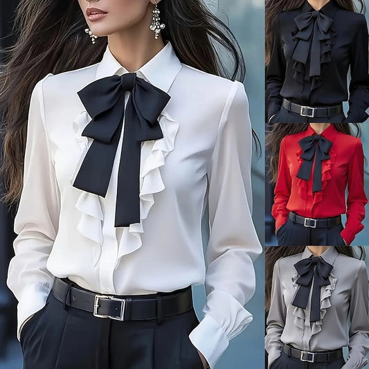 Women's Dress Shirt Blouse Ruffle Bow Solid Color Elegant