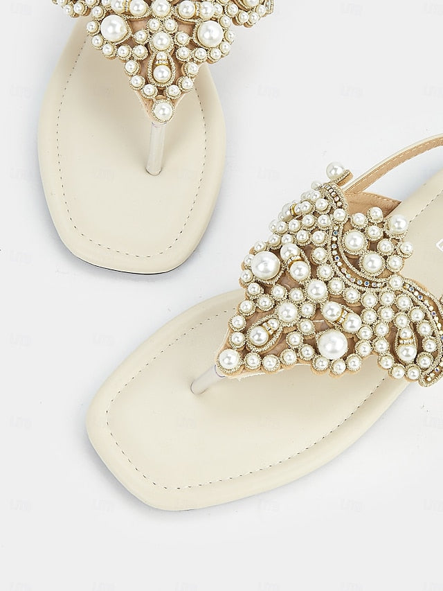 T-Strap Elegant Flat – Pearl-Embellished Women's Sandals