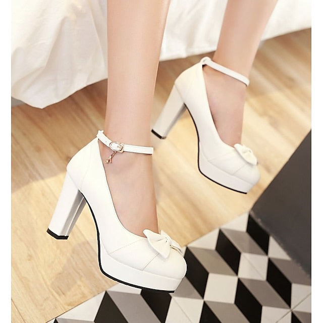 – Detail Heels Elegant Chunky White Bow with Women's