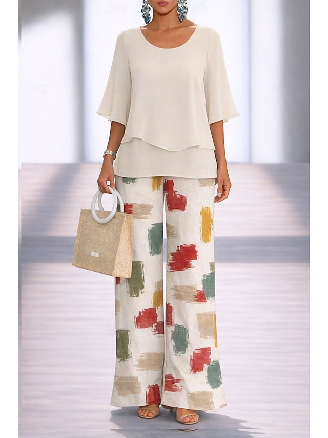 Women's Pants Sets Half Sleeve Butterfly Sleeve Round Neck