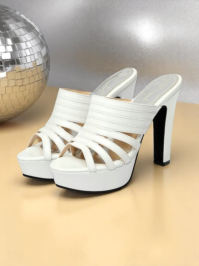 Heels Open-Toe - White Mule Strappy Platform Women's