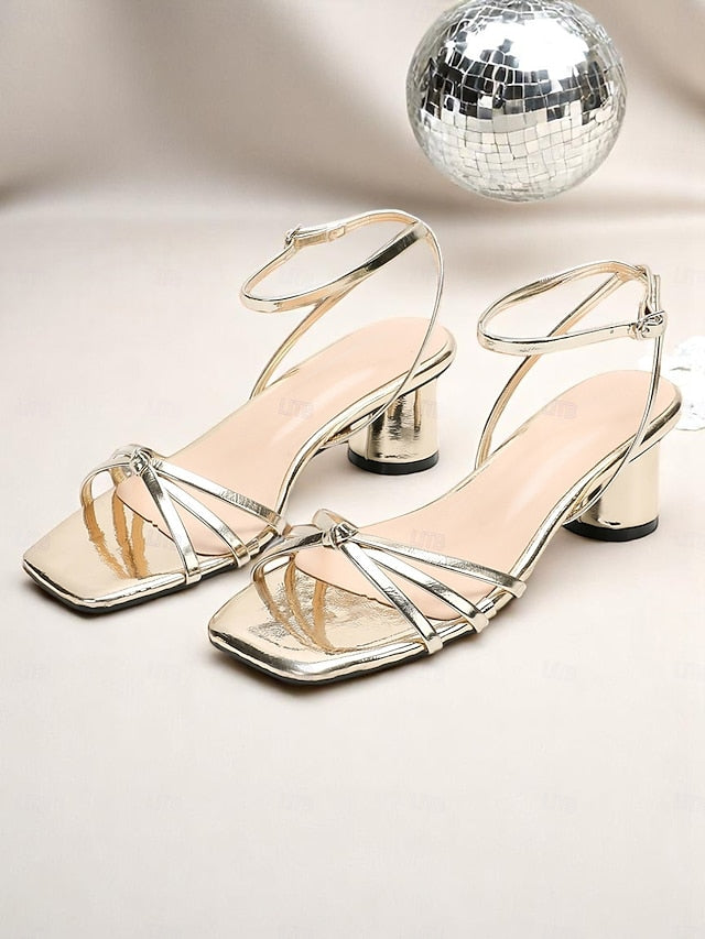 Ankle Gold Strap – Heels Metallic Shiny Block Women's