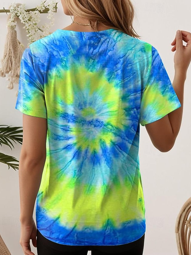 Women's T Shirt Tee Tie Dye Green Short Sleeve Crew Neck