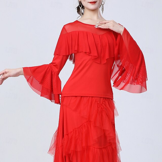 Latin Dance Top Ruffles Pure Color Splicing Women's