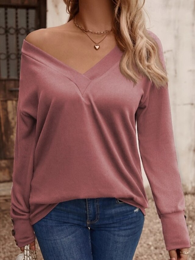 Women's T Shirt Tee Top Buttons Solid Color Fashion Stylish