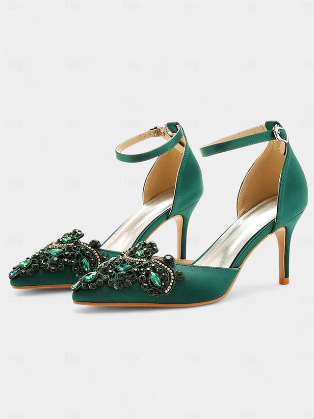 Ankle Heels Pointed Strap – Women's Green Emerald Satin