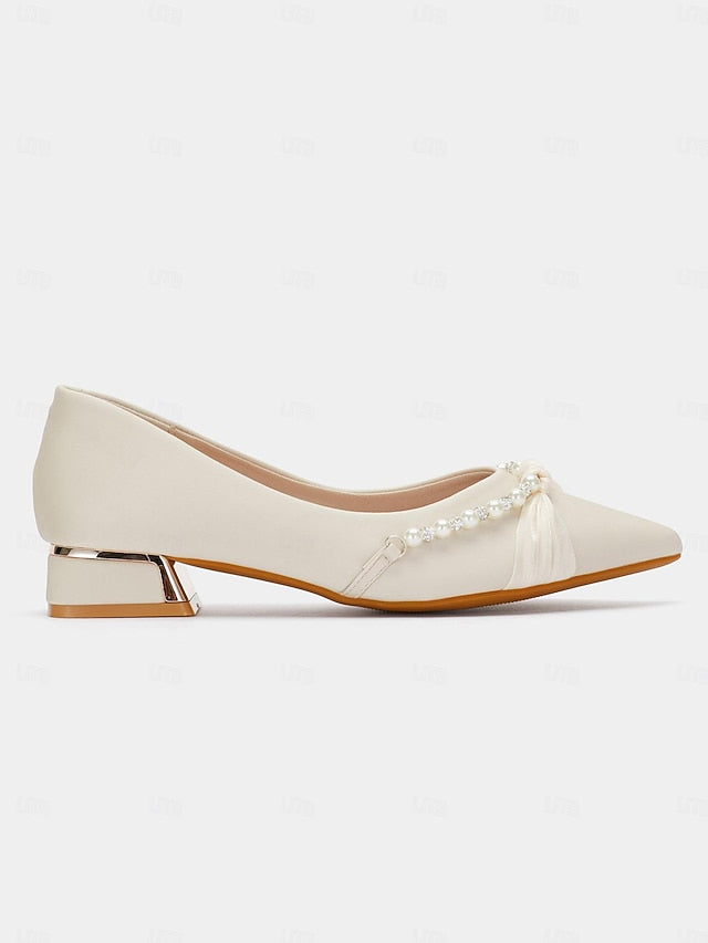 Low Elegant Heel Pointed Flats Pearl Women's - Embellished