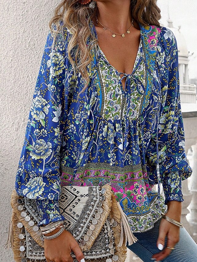 Women's Boho Shirt Blouse Print Flower Modern Boho Long