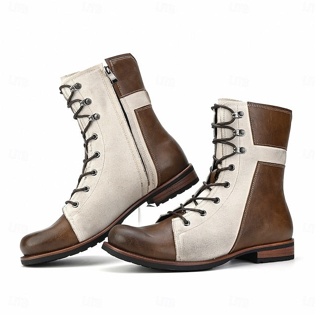 Faux Boots Leather Men's Lace-Up Two-Tone Vintage Mid-Calf