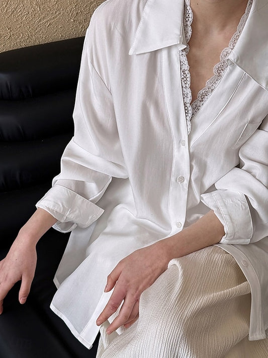 Women's Casual Shirt Button Up Shirt Blouse Lace Patchwork