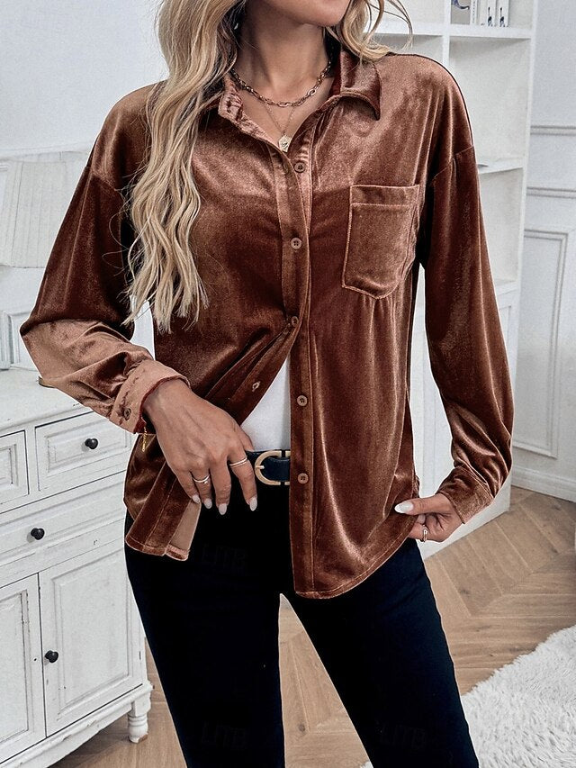 Women's Dress Shirt Button Up Shirt Blouse Velvet Blouse