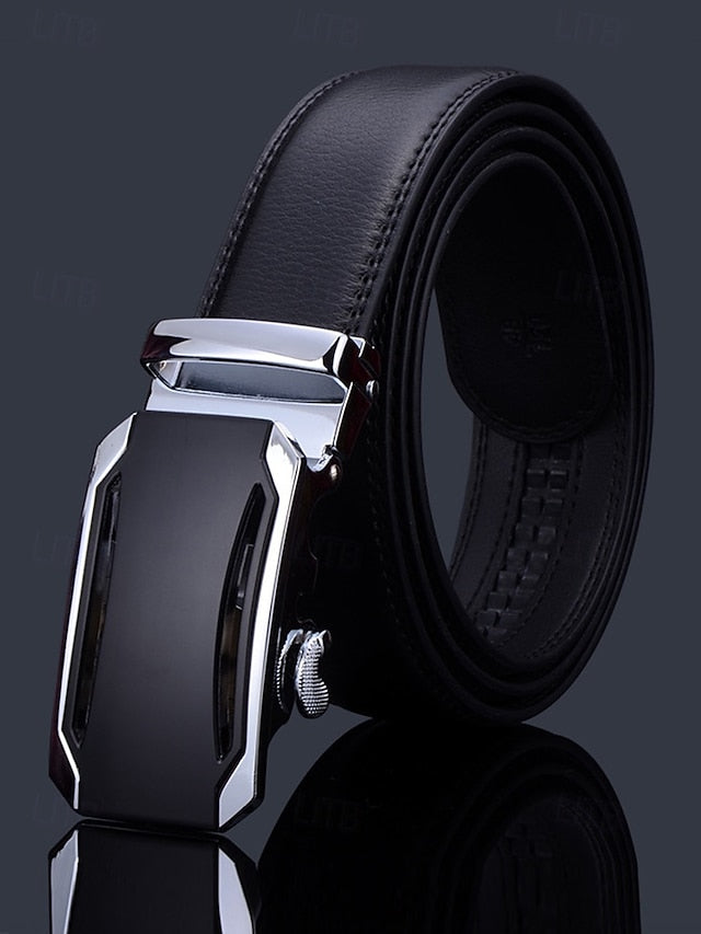 Adjustable Leather Belt Black Metal Men's with Elegant