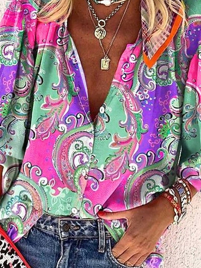 Women's Blouse Buttons Print Graphic Paisley Color Block
