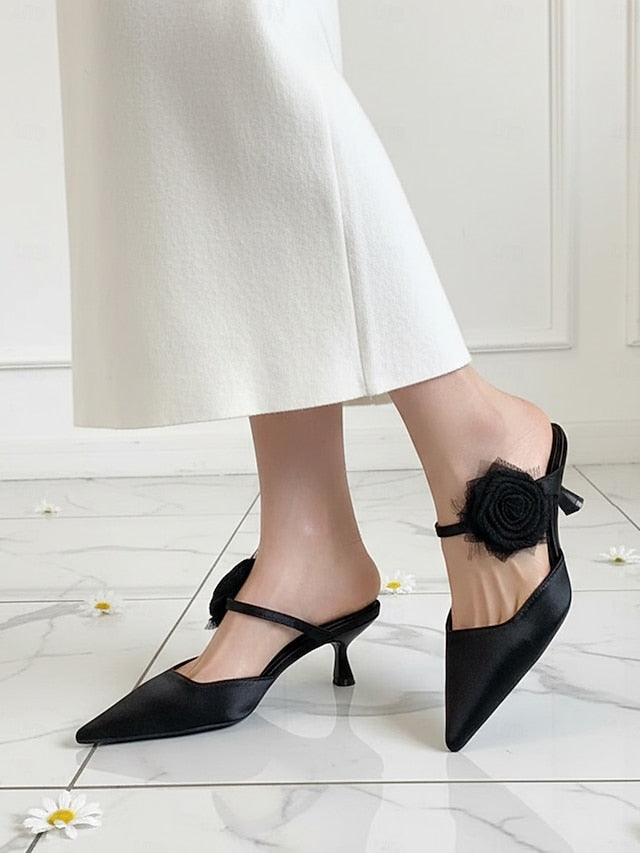 with Satin Toe Green Heels Women's Pointed Floral Ankle