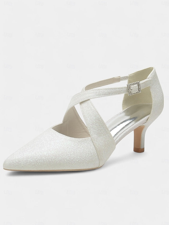 Cross Glitter Kitten with Rhinestone Heels Strap Buckle White