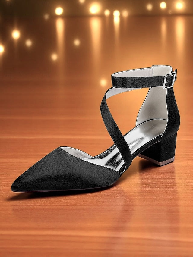 Women's Pointed Heels Toe Satin Block Champagne -