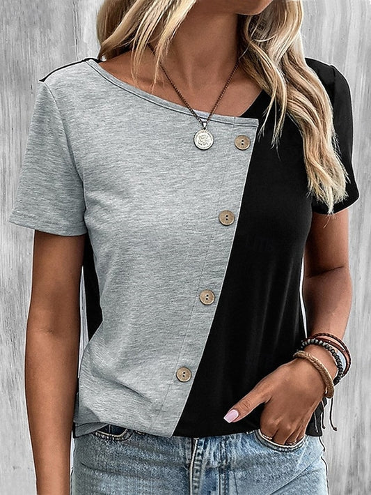 Women's T Shirt Buttons Casual Short Sleeve Asymmetric Neck