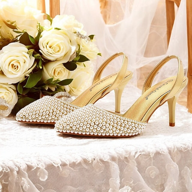 Heels Women's White Pearl Slingback – Embellishments with