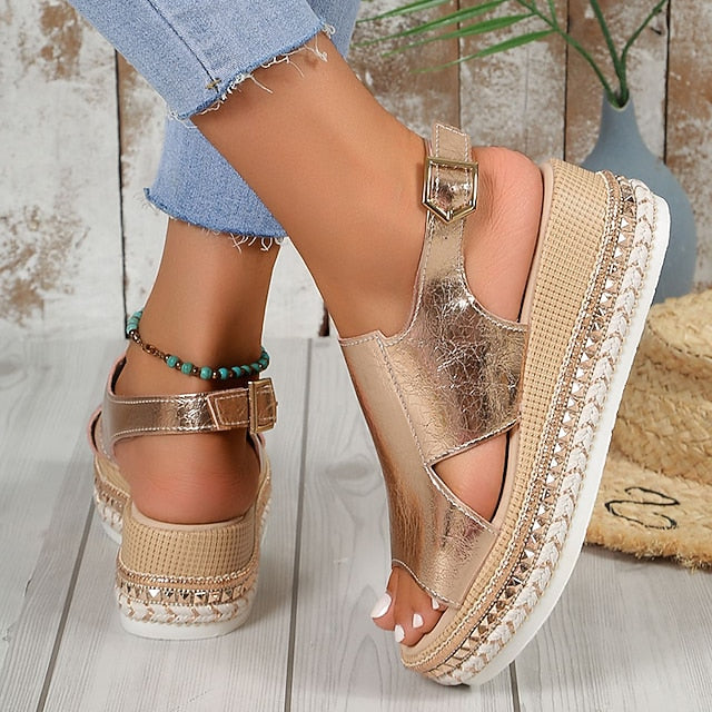 Platform Women's Leather Faux Metallic Espadrille Gold