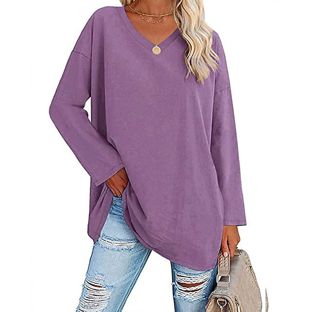 Women's T Shirt Plain Basic Long Sleeve V Neck Regular Tops
