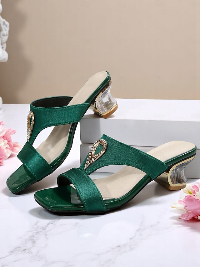 Women's Green with Sandals Slide Rhinestone Satin
