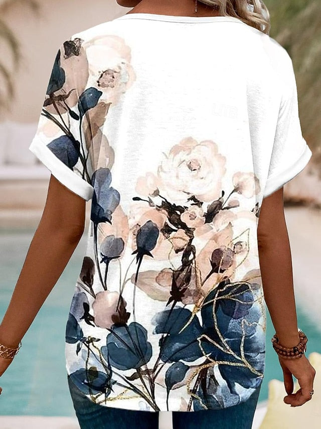 Women's T-shirt Floral Print V-Neck Short Sleeve Casual Top
