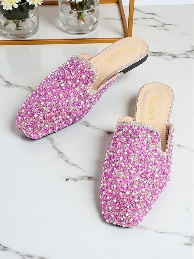 Rhinestone - Women's Pink Pearl Embellished and Mules