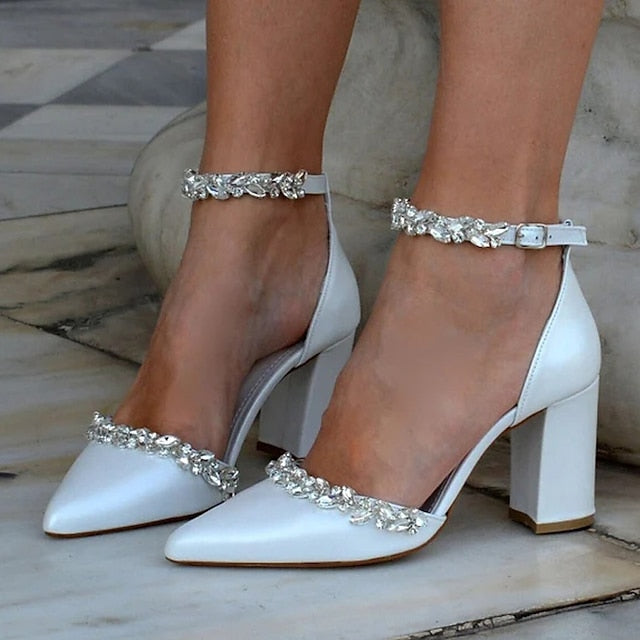 Wedding Heel Women's Shoes Pointed Toe – Block with White
