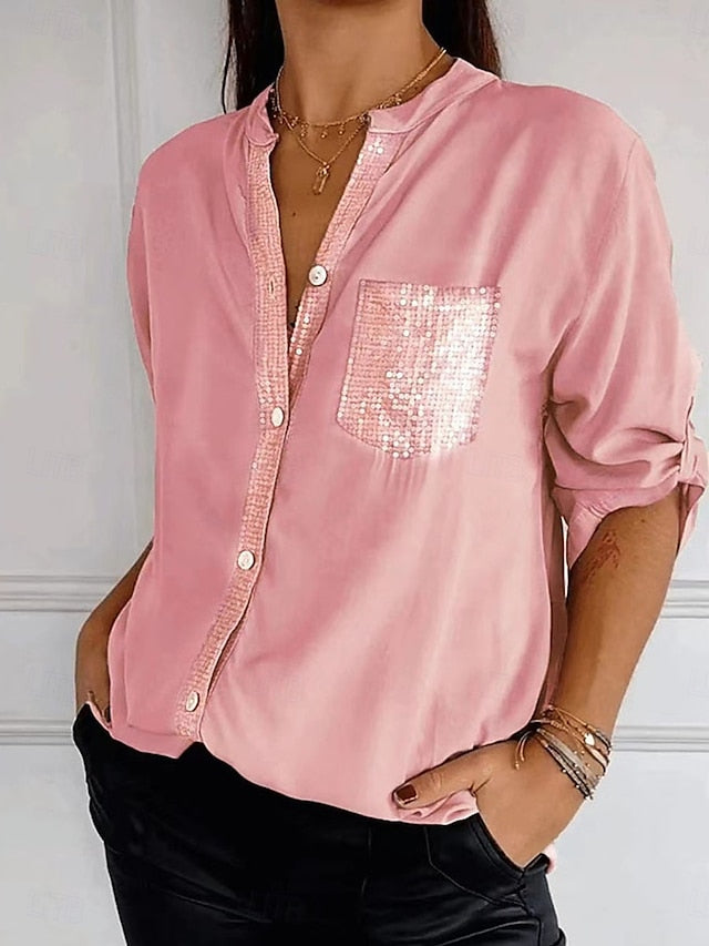 Women's Shirt Elegant Dressy Satin Top Sequins Patchwork
