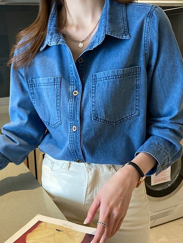 Women's Shirt Blouse Pocket Buttons Plain Casual Long