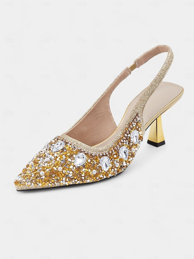 with Slingback Pearl Heels Rhinestone Women's Gold