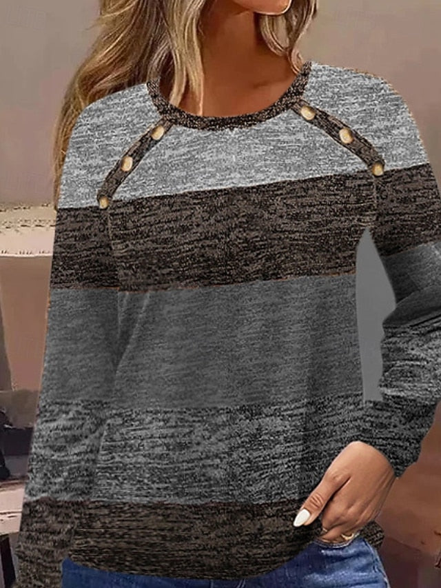 Women's T Shirt Tee Top Patchwork Buttons Striped Casual