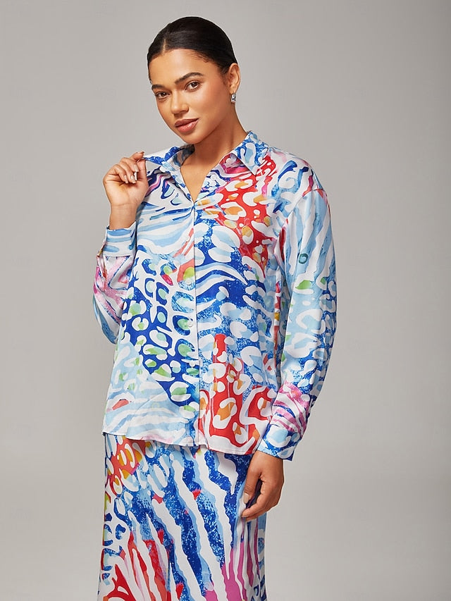 Women's Watercolor Leopard Print Satin Loose Short Shirt